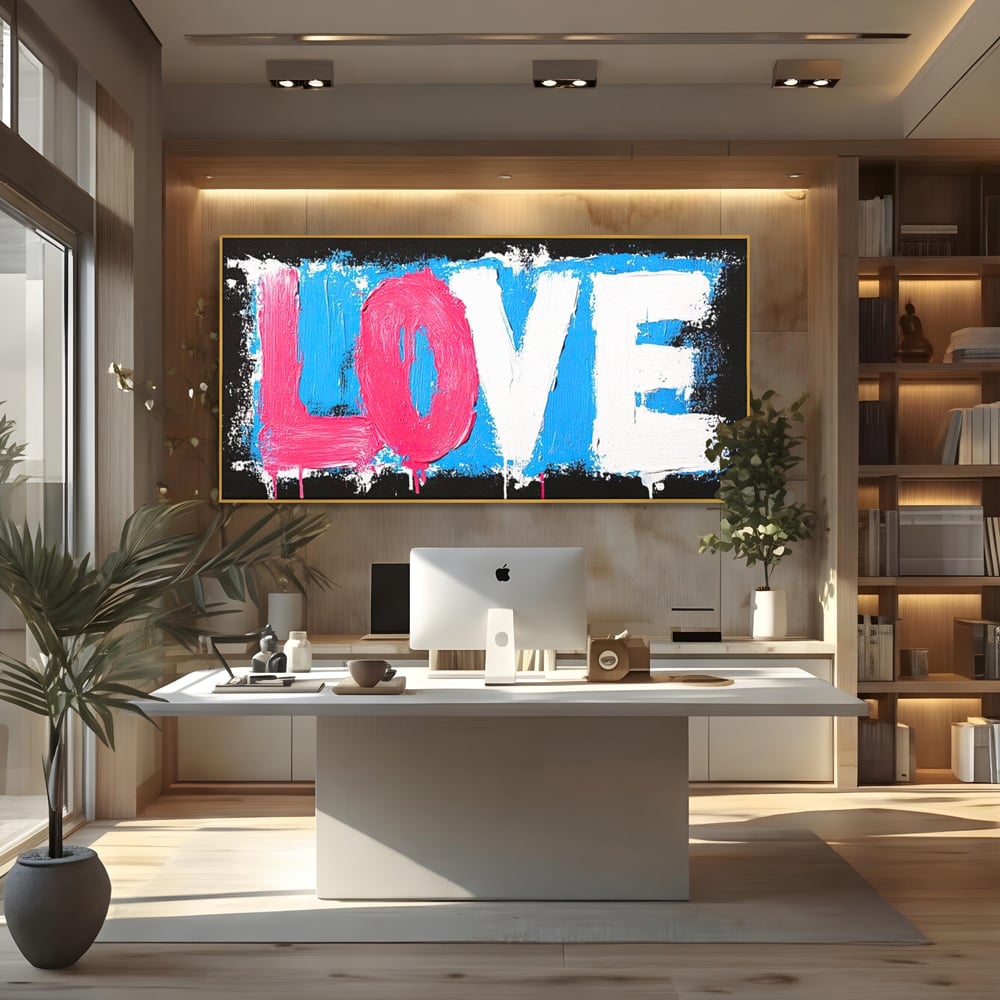 Tablou canvas cu tablou canvas cu mesajul love, in rama de aluminiu auriu, pe perete intr-un birou